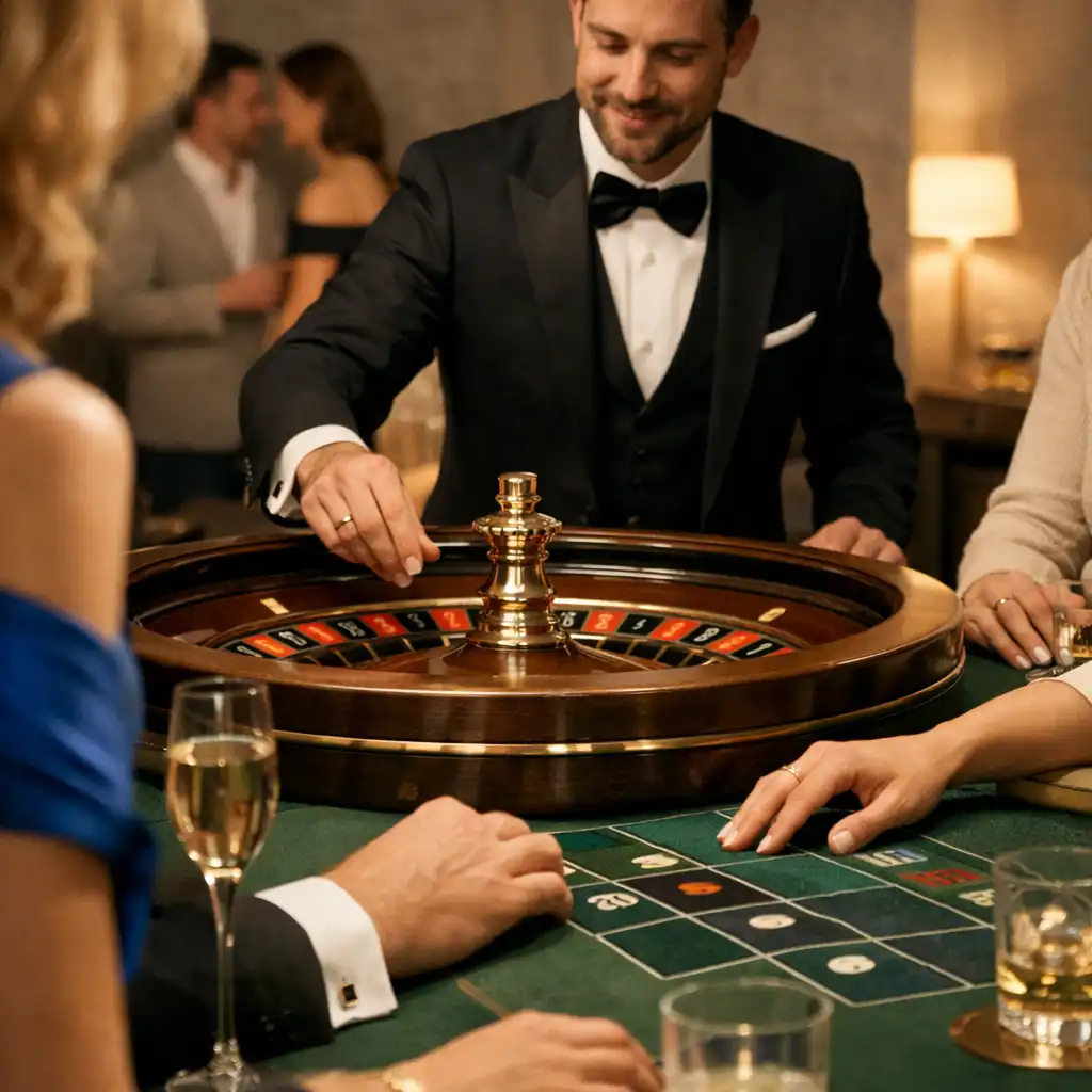 Eleganccy goście przy stoliku atrakcji podczas tematycznego wieczoru