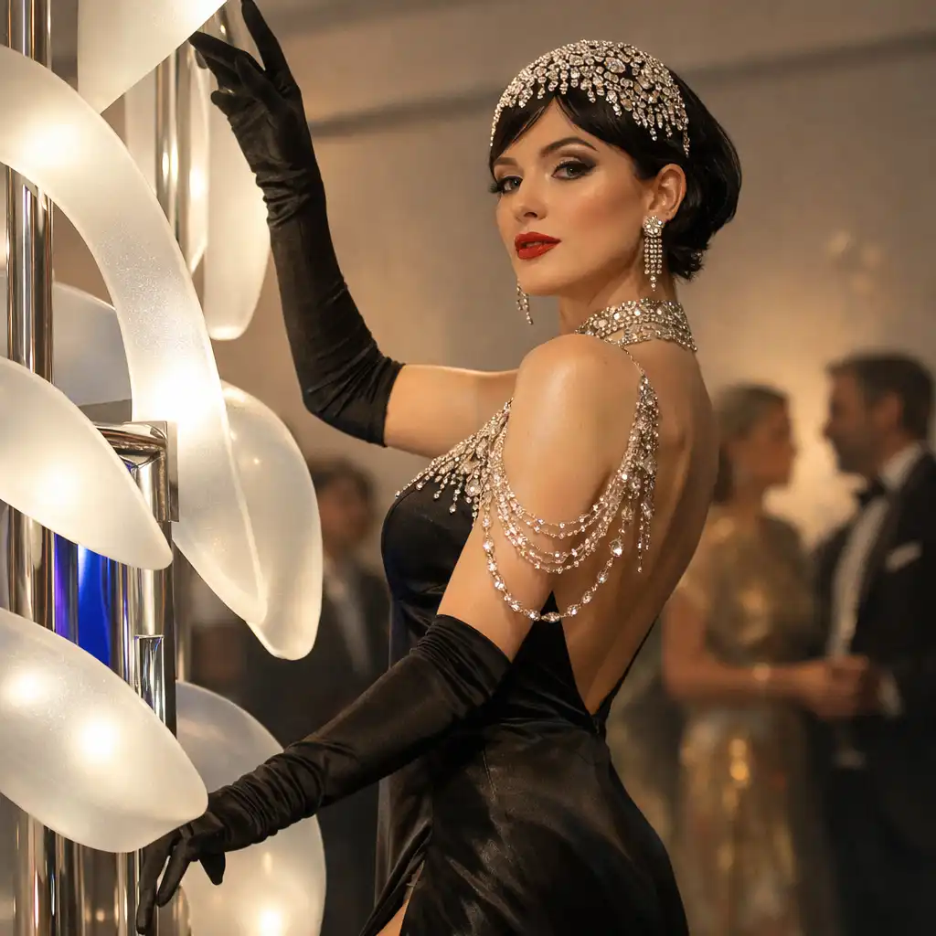 Performerka obok świetlnej instalacji podczas eleganckiego wydarzenia