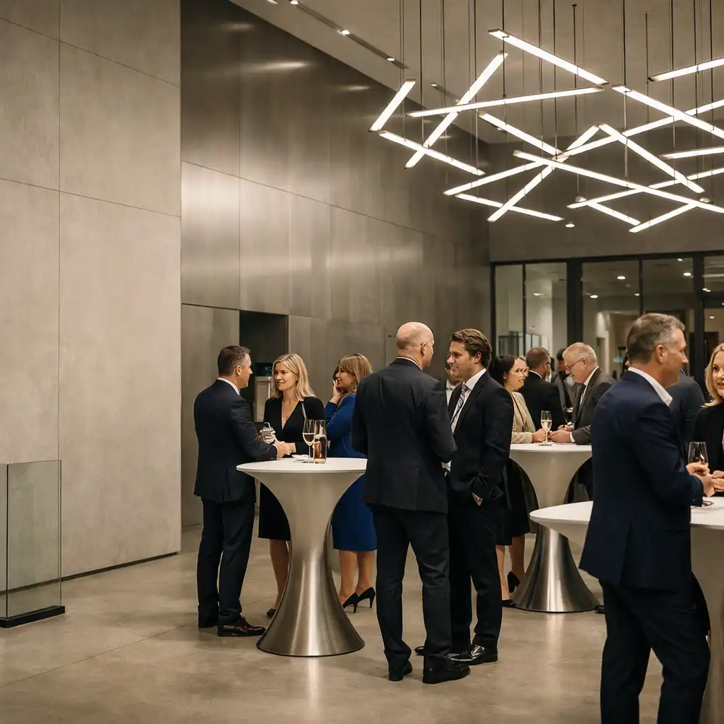 Goście rozmawiają podczas współczesnego wieczoru w przestrzeni sztuki pod geometryczną instalacją świetlną