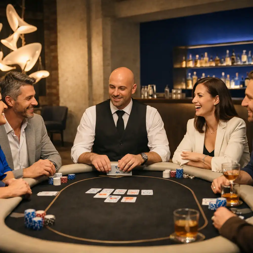 Goście rozmawiający przy stylowym stole pokerowym na wydarzeniu integracyjnym